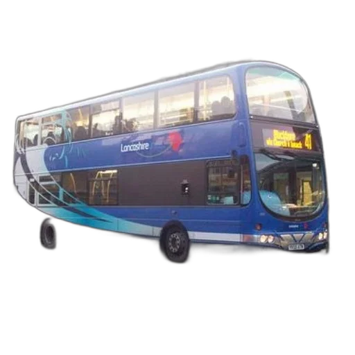 3d render, photorealistic, blue, double-decker, bus, word, lancashire, side transparent PNG cut-out