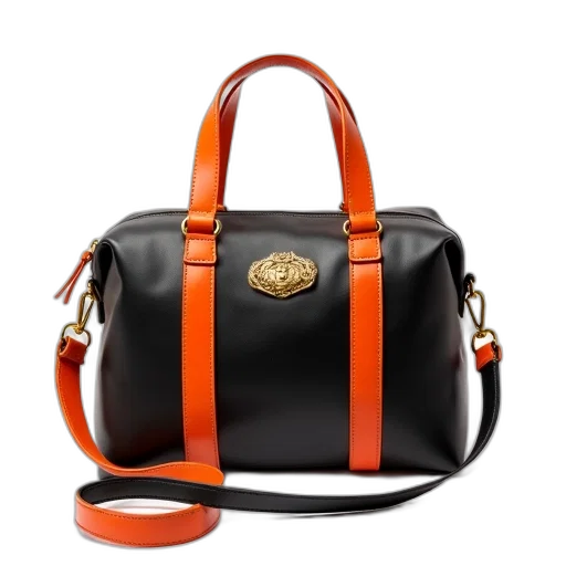 black, orange, handbag, shiny, finish, gold, emblem, front transparent PNG cut-out