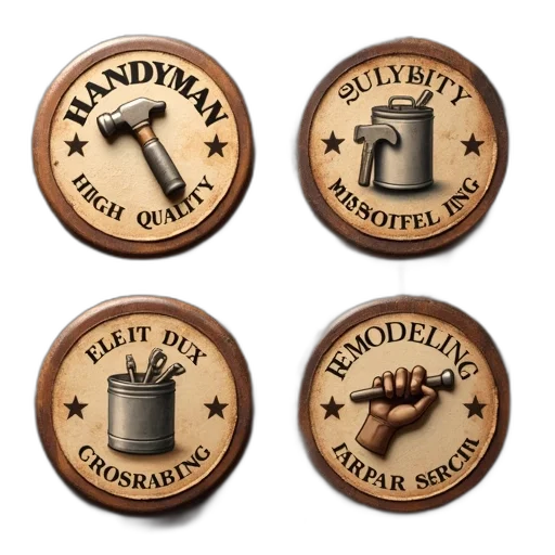 first, image, shows, four, circular, badges, wooden, background transparent PNG cut-out