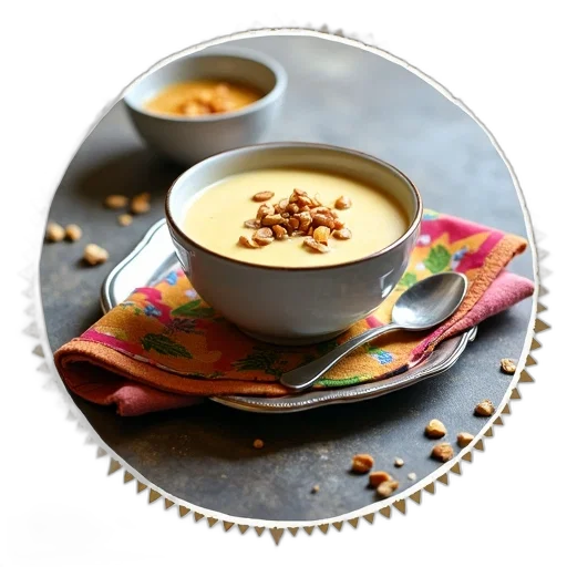 food, golden, bowl, creamy, soup, garnished, nuts, spoon transparent PNG cut-out