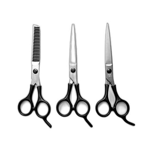 hair, weapon, set, three, cutting, scissors, black, silver transparent PNG cut-out