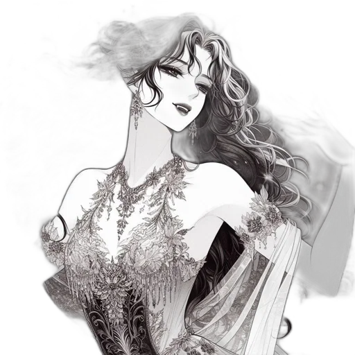 dress, jewelry, fantasy art, pencil sketch, comic book art, concept art, monochrome, elegant transparent PNG cut-out