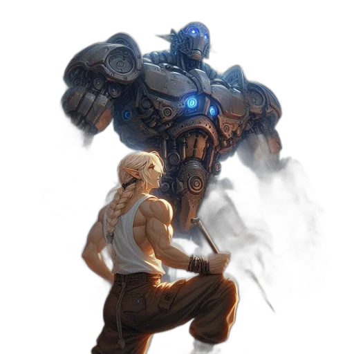 robot, weapon, concept art, fantasy art, comic book art, cyberpunk, fog, blue transparent PNG cut-out