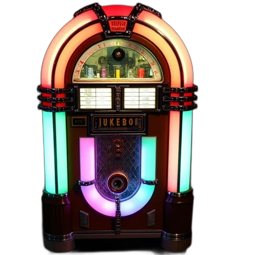 robot, neon lights, vintage, jukebox, wooden, exterior, colorful, neon transparent PNG cut-out