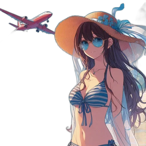 hat, umbrella, anime, concept art, photorealistic, watercolor, beach, underwater transparent PNG cut-out