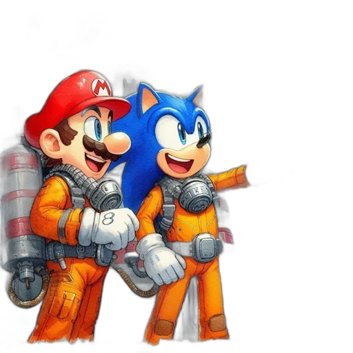 jacket, weapon, concept art, pixel art, 3d render, comic book art, blue, mario transparent PNG cut-out