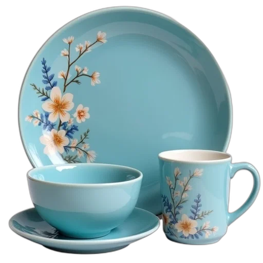 3d render, photorealistic, blue, pastel, set, ceramic, dishes, floral transparent PNG cut-out