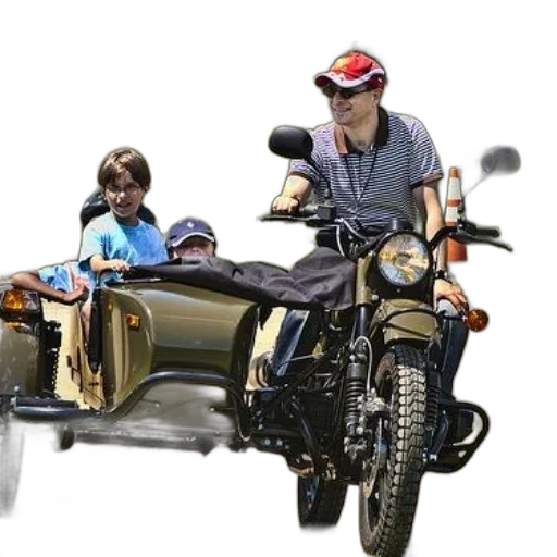 concept art, photorealistic, 3d render, man, two, children, ride, motorcycle transparent PNG cut-out