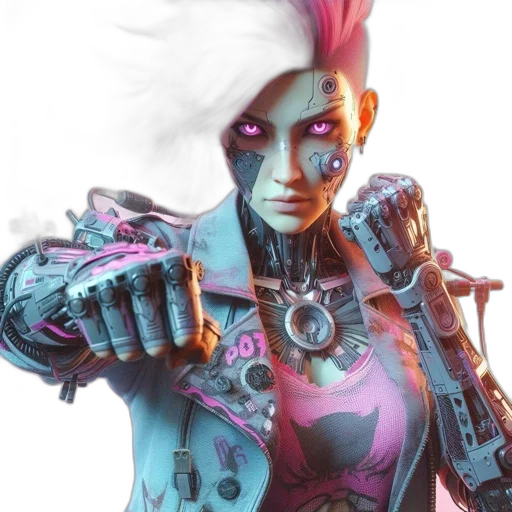 robot, jacket, face, weapon, cyberpunk, concept art, fantasy art, 3d render transparent PNG cut-out