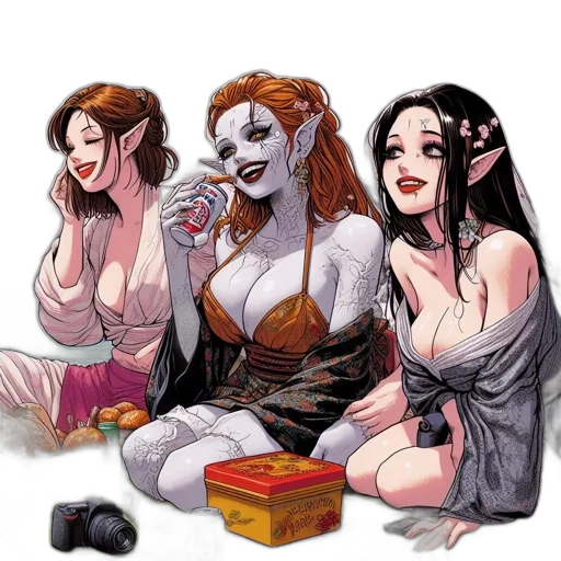 jewelry, comic book art, concept art, fantasy art, cartoon, fire, three, females transparent PNG cut-out
