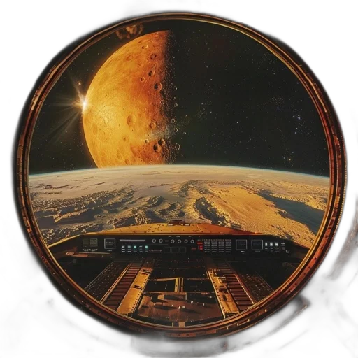 concept art, outer space, spacecraft, window, shows, panoramic, view, reddish-orange transparent PNG cut-out