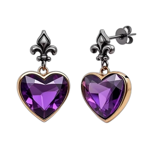 jewelry, pair, earrings, heart-shaped, design, featuring, purple, gemstone transparent PNG cut-out