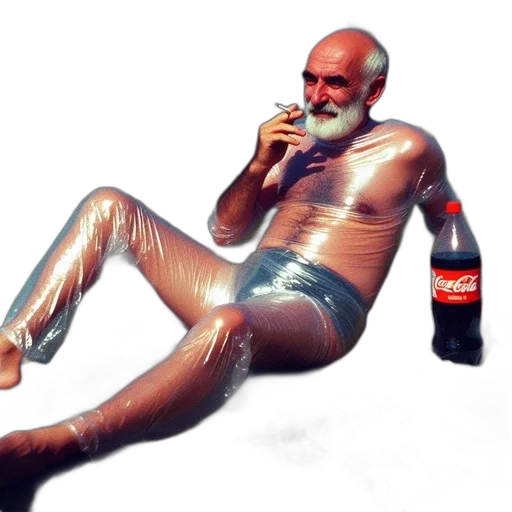 bottle, cyberpunk, concept art, 3d render, vaporwave, older, man, plastic transparent PNG cut-out