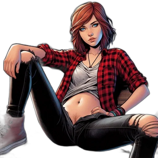 comic book art, concept art, cartoon, fantasy art, young, woman, sits, wooden transparent PNG cut-out