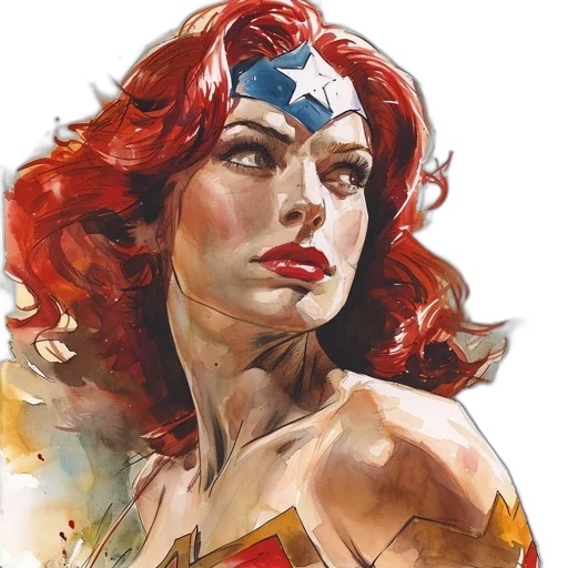 comic book art, watercolor, photorealistic, concept art, vigilant, woman, fiery, red transparent PNG cut-out