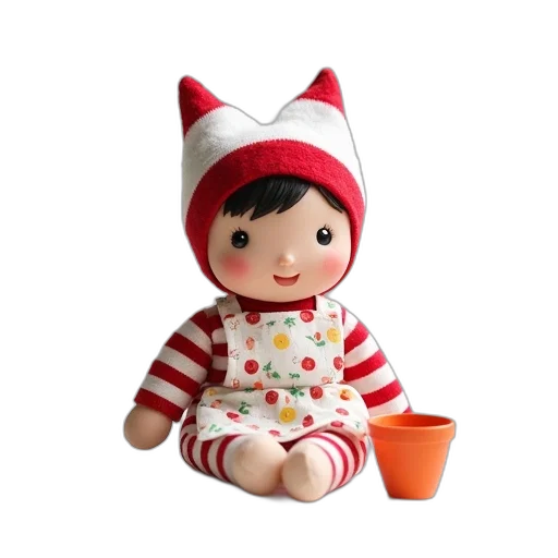 3d render, photorealistic, small, red, white, striped, doll, hat transparent PNG cut-out