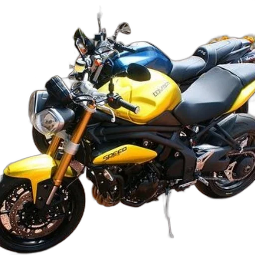3d render, photorealistic, vibrant, yellow, motorcycle, speed, written, parked transparent PNG cut-out