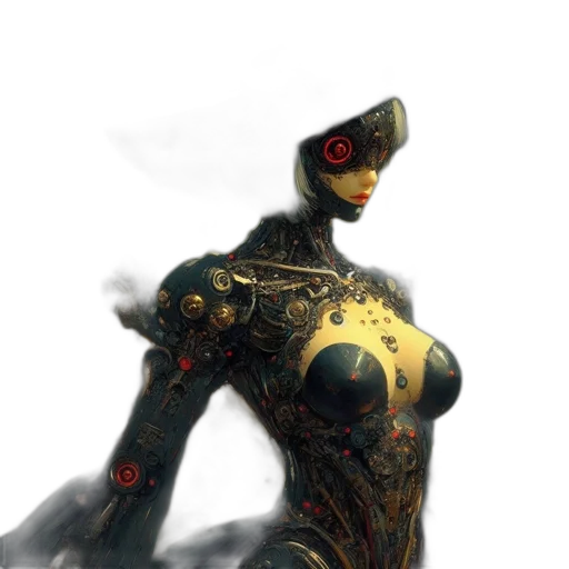 robot, dress, mask, weapon, concept art, cyberpunk, 3d render, fantasy art transparent PNG cut-out