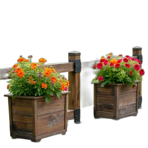 furniture, 3d render, photorealistic, wooden, deck, two, planters, each transparent PNG cut-out