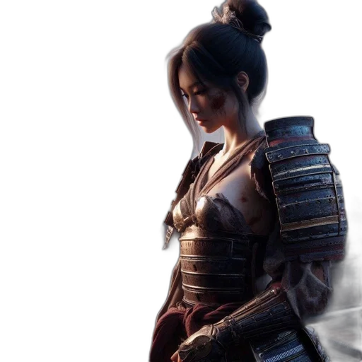 concept art, fantasy art, photorealistic, 3d render, asian, female, warrior, stands transparent PNG cut-out