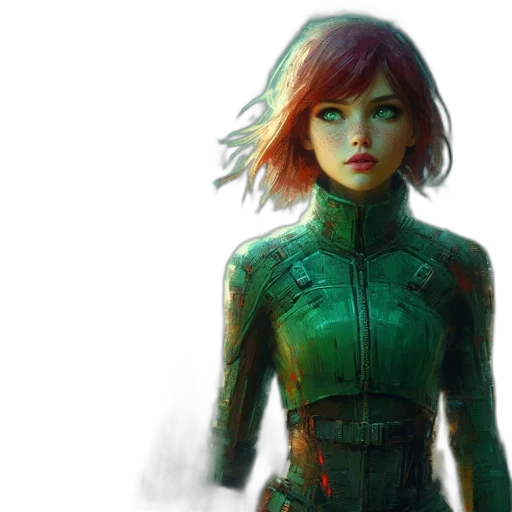 concept art, comic book art, fantasy art, cyberpunk, green, red, futuristic, cityscape transparent PNG cut-out