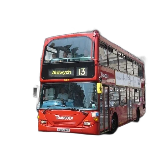 photorealistic, 3d render, concept art, red, double, decker, bus, driving transparent PNG cut-out