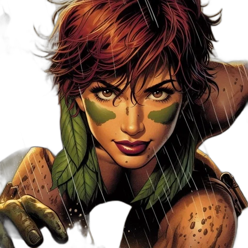 comic book art, concept art, photorealistic, green, earth tones, female, character, red transparent PNG cut-out