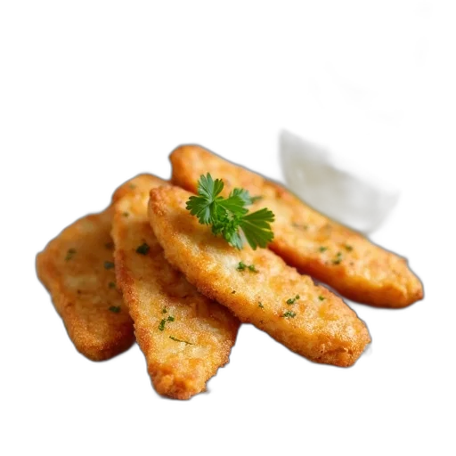 food, weapon, photorealistic, 3d render, plate, fried, fish, sticks transparent PNG cut-out