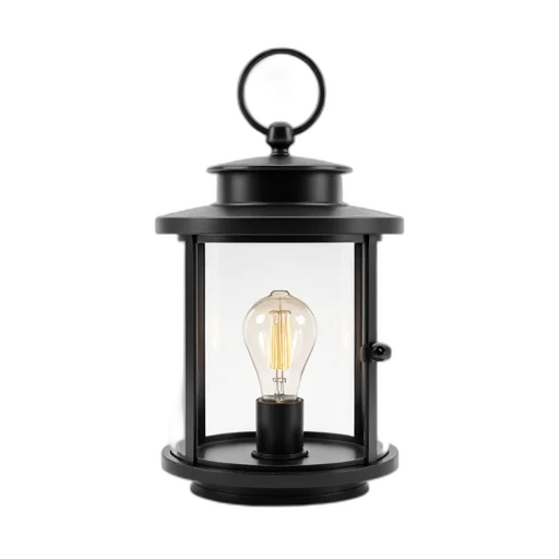 modern, black, lantern, glass, enclosure, lit, bulb, inside transparent PNG cut-out