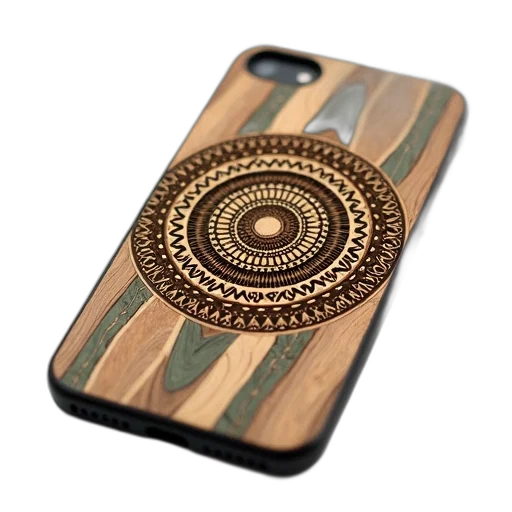 jewelry, earth tones, close-up, wooden, iphone, case, detailed, mandala transparent PNG cut-out