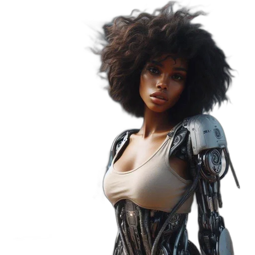 robot, concept art, comic book art, cyberpunk, woman, mechanical, parts, attached transparent PNG cut-out