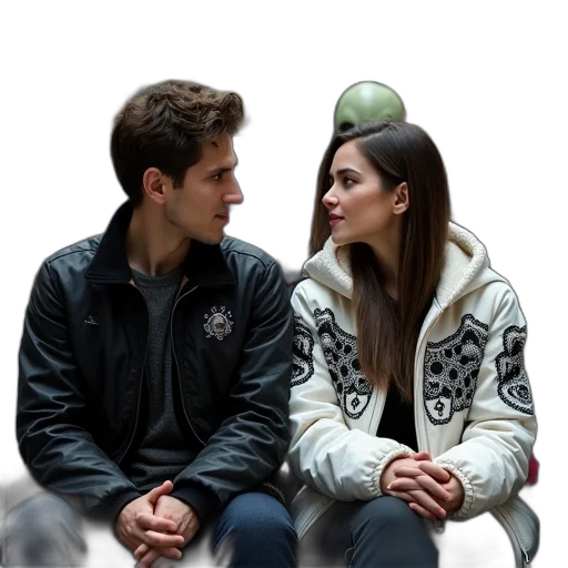 jacket, photorealistic, fog, snow, neon lights, city street, man, woman transparent PNG cut-out