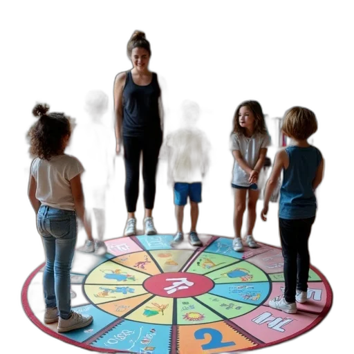 group, children, adult, standing, colorful, circular, mat, various transparent PNG cut-out