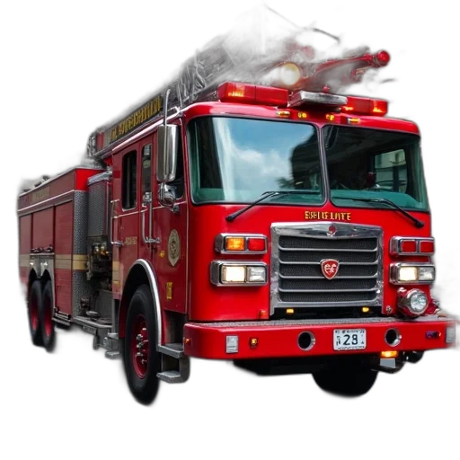 fire, red, truck, parked, side, street, building, background transparent PNG cut-out