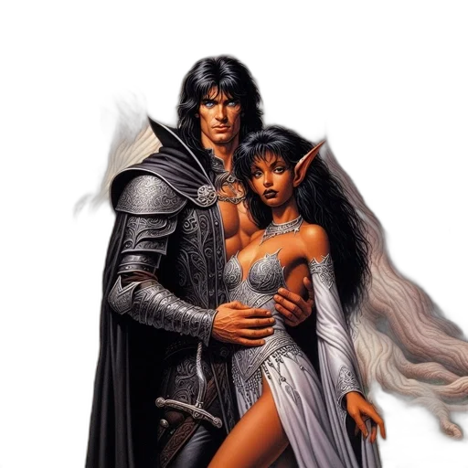 fantasy art, concept art, comic book art, fairytale, setting, knight, embraces, elven transparent PNG cut-out