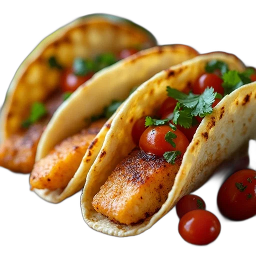 food, photorealistic, 3d render, fish, tacos, filled, salsa, tortilla transparent PNG cut-out