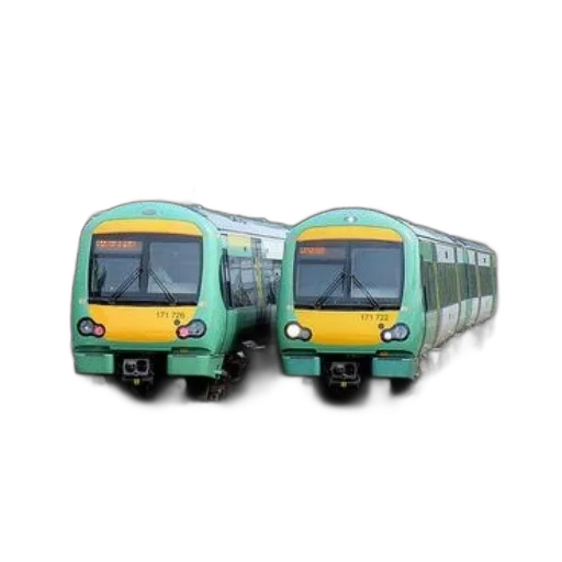 3d render, two, green, yellow, trains, sit, tracks, station transparent PNG cut-out