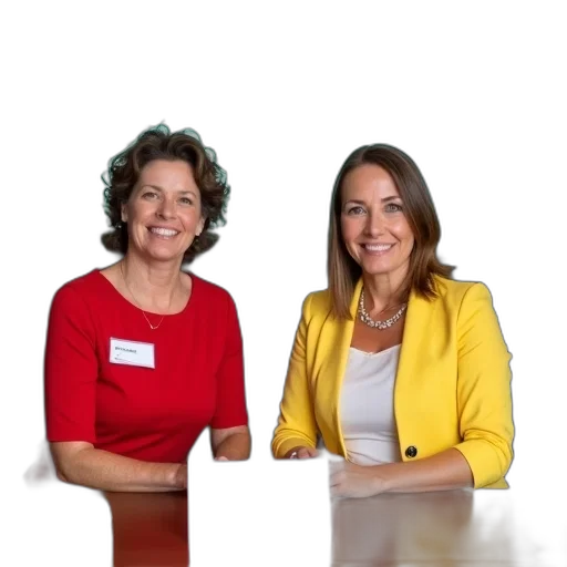 staff, two, women, seated, table, room, presentation, screen transparent PNG cut-out