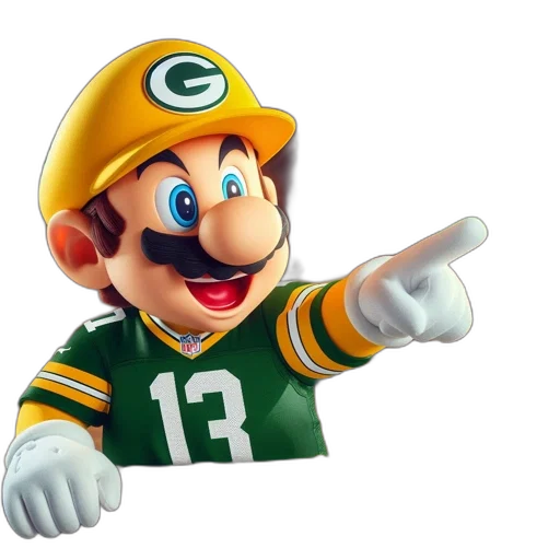 face, staff, hat, mario, wears, packers, jersey, points transparent PNG cut-out