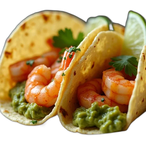 food, hat, photorealistic, 3d render, shrimp, tacos, guacamole, sauce transparent PNG cut-out