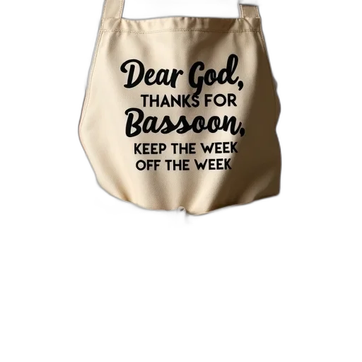 beige, apron, black, text, design, reads, dear, god transparent PNG cut-out