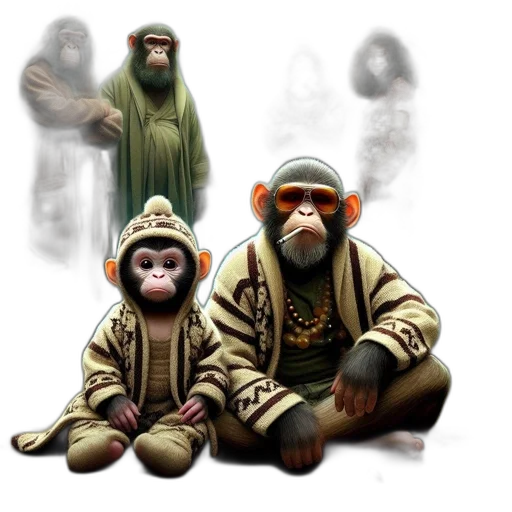concept art, fantasy art, 3d render, photorealistic, forest, chimpanzees, dressed, human transparent PNG cut-out