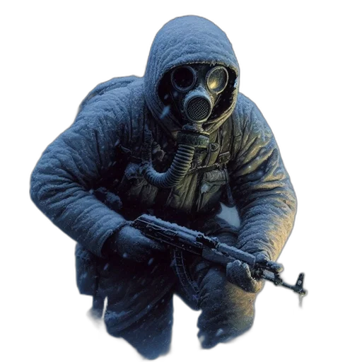 jacket, mask, weapon, creature, concept art, pixel art, 3d render, photorealistic transparent PNG cut-out