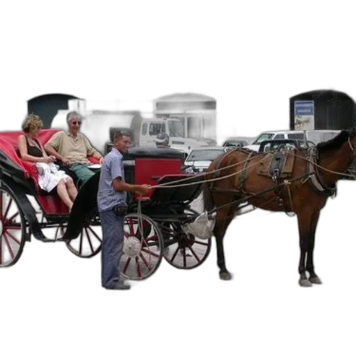 car, staff, photorealistic, city street, horse-drawn, carriage, passengers, front transparent PNG cut-out