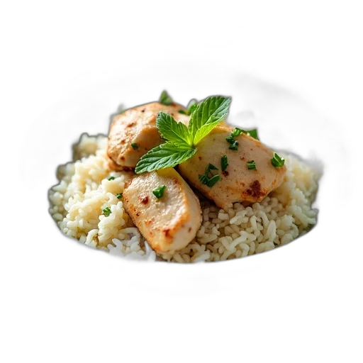 food, 3d render, photorealistic, bowl, rice, chicken, herbs, placed transparent PNG cut-out