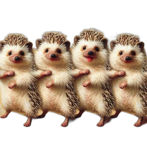 animal, 3d render, photorealistic, concept art, four, hedgehogs, stand, row transparent PNG cut-out