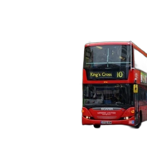 photorealistic, 3d render, concept art, red, double-decker, bus, driving, down transparent PNG cut-out