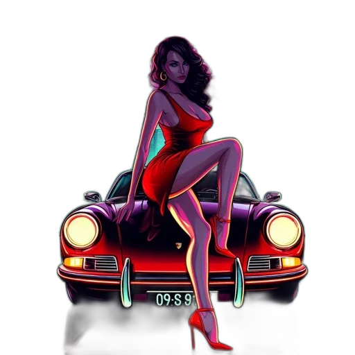 car, dress, cartoon, comic book art, concept art, fantasy art, neon lights, red transparent PNG cut-out