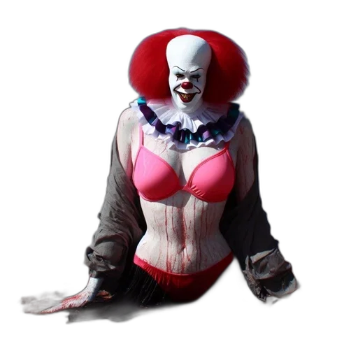 creature, 3d render, concept art, individual, dressed, pennywise, sits, beachfront transparent PNG cut-out