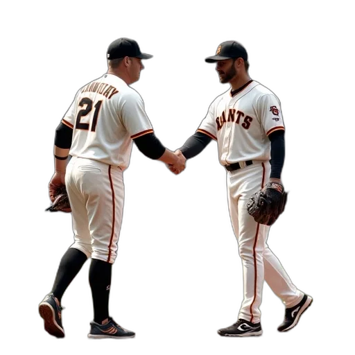 pixel art, baseball, player, giants, uniform, shaking, hands, another transparent PNG cut-out